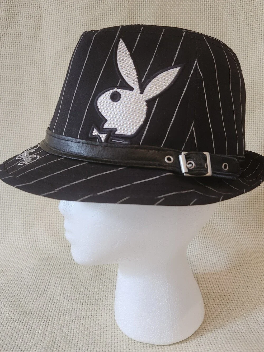 Vintage Y2K Playboy Bunny Pinstripe Fedora Hat Black Silver Metallic McBling S/M